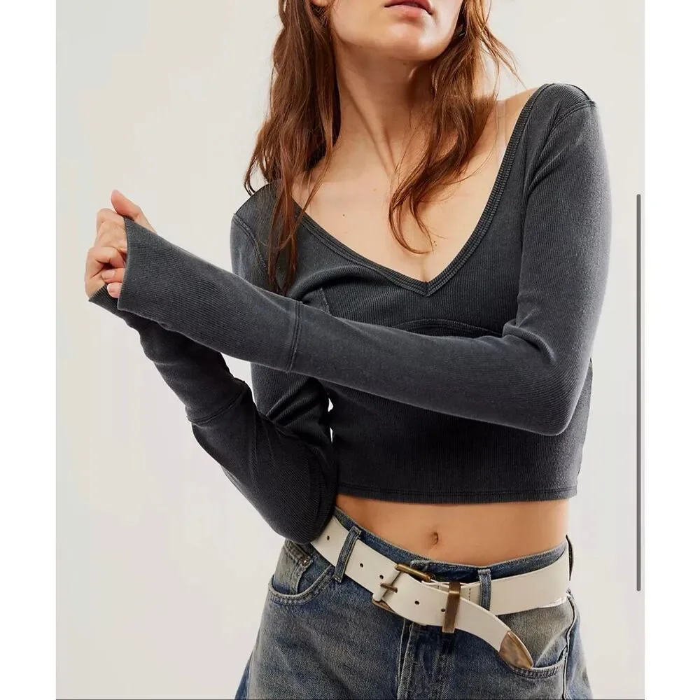 Free People We The Free Women's Lightning Long Sleeve Tee washed black L NEW